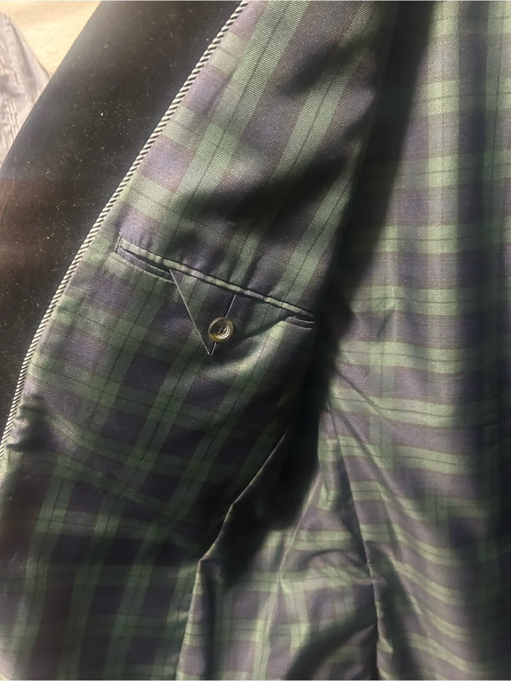 Merona Black Velvet Sport Coat with Tartan Lining